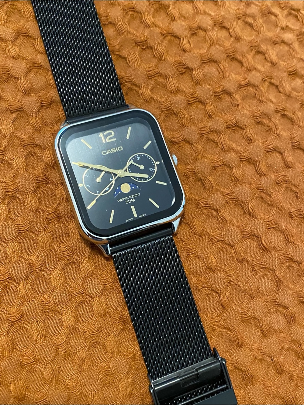 Casio Black Dial Watch with Gold Accents and Mesh Strap